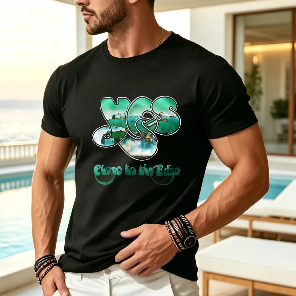 Men'S Yes Edge Close to Album Pattern T-Shirt - a Classic Music Band Tee Showcasing The Famous Logo And Song Title Crafted from G Pure Fabric This Short-Sleeve Round Neck Casual Shirt Is Ide882 oz of Pure Heat Transfer Printed Breathable Comforta